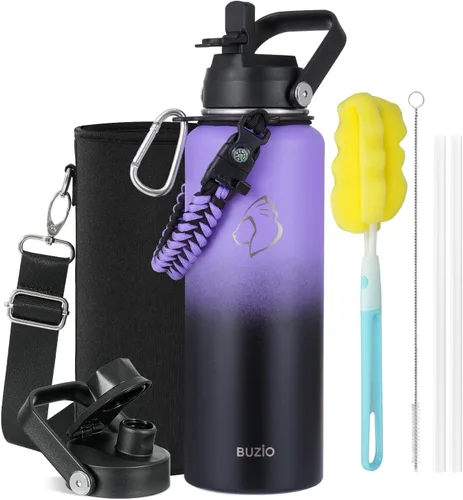 Vista 12 de BUZIO Botella de agua de 32 onzas aislada con popote y 3 tapas y bolsa de transporte, a prueba de fugas, frasco jarra de agua de acero inoxidable