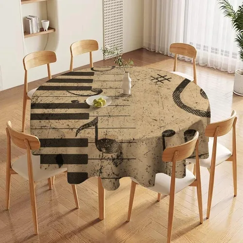 Vista 5 de Mantel redondo de cocina con notas musicales retro, estilo rústico y occidental, con estampado de teclas de piano y teclas, mantel redondo