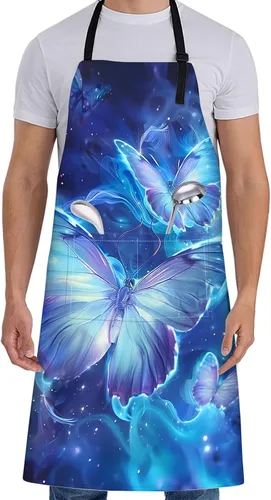 Vista 13 de Delantal de dragón para mujer con arte ardiente y helado, 27 x 31 pulgadas, delantales de cocina de fantasía con 2 bolsillos, Mariposa 01