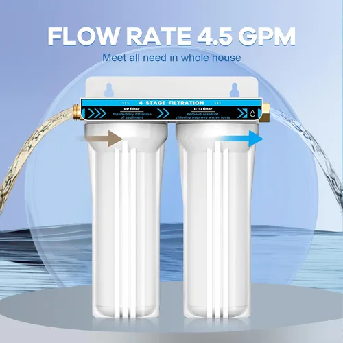 Vista 4 de Sistema de filtro de agua doble para RV, sistema de filtración de agua de 4 capas y 2 etapas, elimina sedimentos, cloro, metales pesados, olores