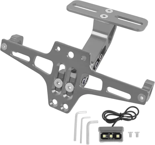 Vista 9 de Soporte para placa de matrícula de motocicleta, kit universal de eliminación de guardabarros de aluminio CNC negro con luz para placa