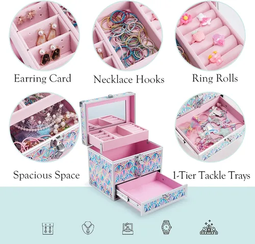 Vista 3 de Hododou Joyero organizador para niñas con cajón y espejo, estilo cola de sirena, estuche de almacenamiento con cerradura para niños o niñas