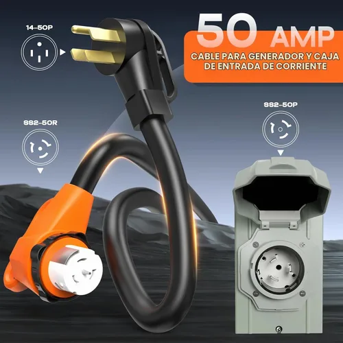 Vista 2 de Rophor Cable generador de 50 amperios y caja de entrada de alimentación preperforada, cable de extensión NEMA 14-50P a SS2-50R resistente de 25 pies