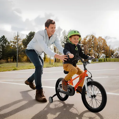 Vista 5 de lecoco Bicicleta infantil para niños y niñas, bicicleta infantil de 14, 16, 18 pulgadas, con ruedas de entrenamiento, frenos de pedal, freno de mano