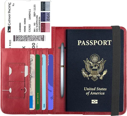 Vista 2 de Funda para pasaporte, cartera de viaje con bloqueo RFID de alta calidad, cuero vegano genuino, Rojo