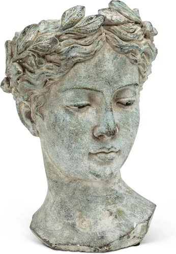 Vista 11 de Colección Abbott - Maceta de cabeza de diosa - Maceta de cemento extra pequeña para interior y exterior - Estatua de cabeza de mujer griega para Gris