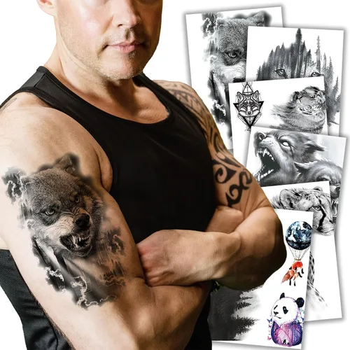 Vista 8 de Kotbs 6 hojas de tatuajes temporales de animales en 3D para mujeres y hombres, tatuajes realistas impermeables falsos con patrón de lobo y león