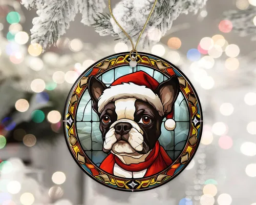 Vista 2 de Boston Terrier - Adorno de cerámica de vitral de Navidad, adorno colgante para árbol de Navidad, adorno de vitral de perro, adorno religioso