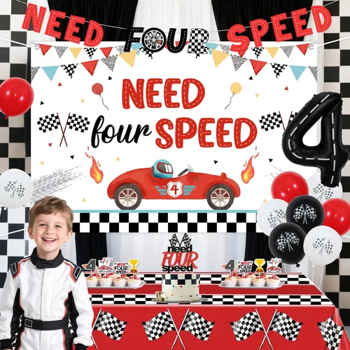 Vista 4 de Need Four Speed - Decoraciones de cumpleaños con temática de auto de carreras, pancarta para decoración de pasteles, decoración de cupcakes, mantel