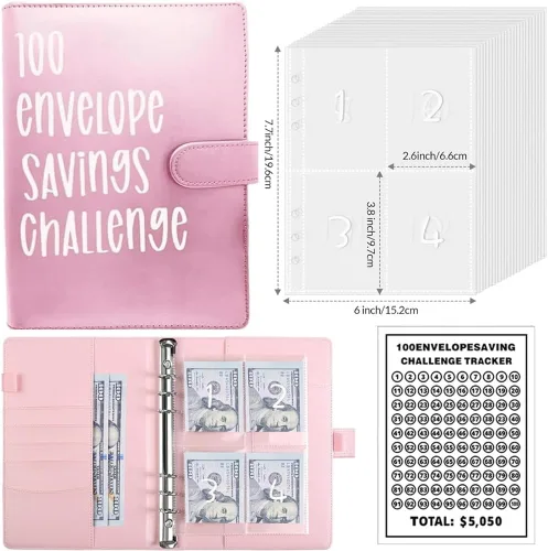 Vista 2 de Topaliving Carpeta de desafío de sobres de 100 días, forma fácil y divertida de ahorrar $5,050, carpeta de presupuesto con sobres de efectivo Azul