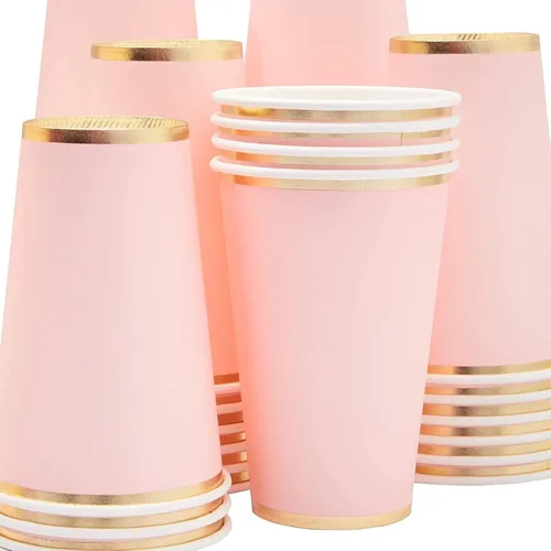 Vista 4 de Juvale Vasos de fiesta rosados, 12 onzas, paquete de 50, rosa claro y dorado, vasos de papel desechables para bebidas calientes y frías, para novia
