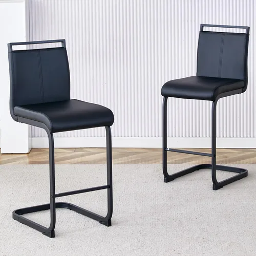 Vista 6 de gopop Juego de 2 taburetes de bar de altura de mostrador con respaldo, taburetes de cocina de cuero sintético negro con patas de metal recubierto