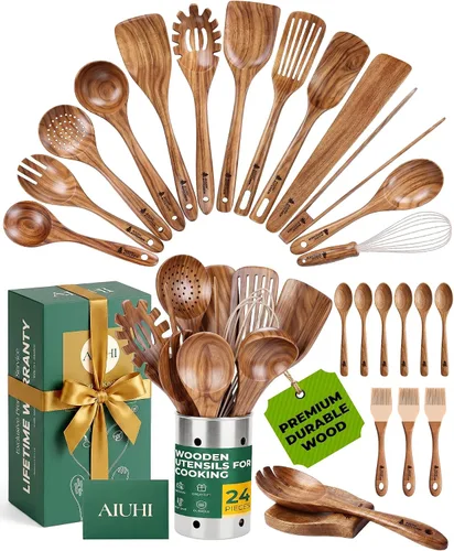 Vista 9 de AIUHI Juego de espátulas de madera de teca de 2 piezas, espátulas de cocina de madera para voltear, freír y servir, utensilios de cocina de madera