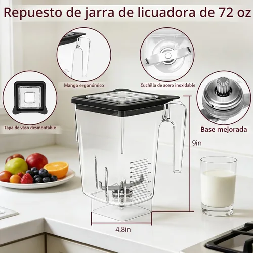 Vista 4 de Taza de repuesto para jarra de 72 onzas, compatible con Blendtec Wildside+ Classic/Designer/Professional/Commercial Series, 5 años de garantía
