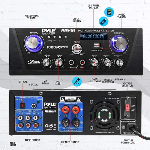 Vista 2 de Pyle Amplificador de karaoke digital Bluetooth para el hogar, receptor de audio para el hogar de 600 W con pantalla LED, ventilador