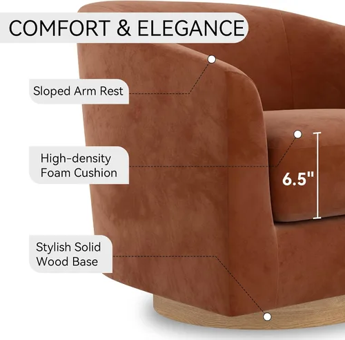 Vista 2 de Silla giratoria decorativa, moderna tapizada con brazo curvado, tela de terciopelo, cómoda silla de lectura con base de madera maciza para sala