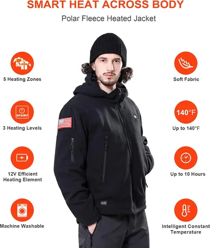 Vista 3 de DEWBU Chaqueta térmica de vellón polar con batería de 12 V sudadera con capucha eléctrica de vellón suave