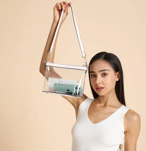 Vista 4 de Y&R Direct Bolsa cruzada 3 en 1 con cremallera transparente con ribete de cuero vegano para estadio, festival, concierto, regalos para el día