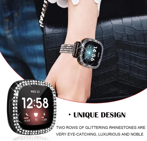 Vista 4 de Funda protectora brillante compatible con Fitbit Versa 3/Sense, marco de parachoques de diamantes de imitación de cristal brillante para mujer