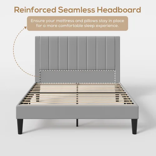 Vista 4 de Base de cama tapizada de terciopelo tamaño Queen con cabecero, listones de madera fuertes, somier opcional, base de colchón, fácil montaje, gris