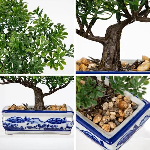 Vista 2 de Árbol bonsái artificial con maceta de porcelana azul y blanca, bonsái falso para decoración de escritorio de oficina en casa, decoración oriental