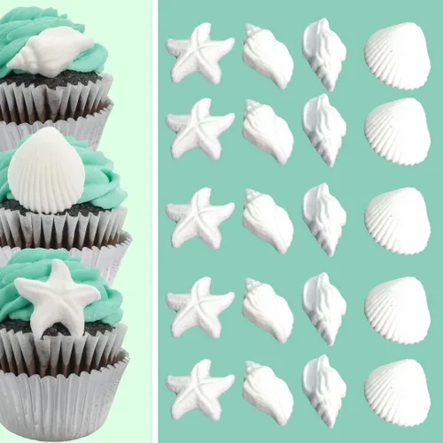 Vista 7 de Paquete de 24 decoraciones comestibles de conchas marinas blancas y estrellas de mar para decoración de pasteles, cupcakes, pasteles, pasteles
