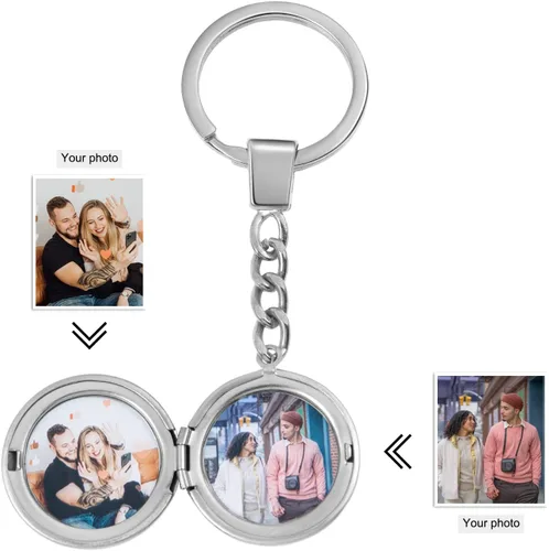 Vista 3 de Llaveros de pareja de acero inoxidable personalizados, con medallón que sostiene fotos para parejas amantes