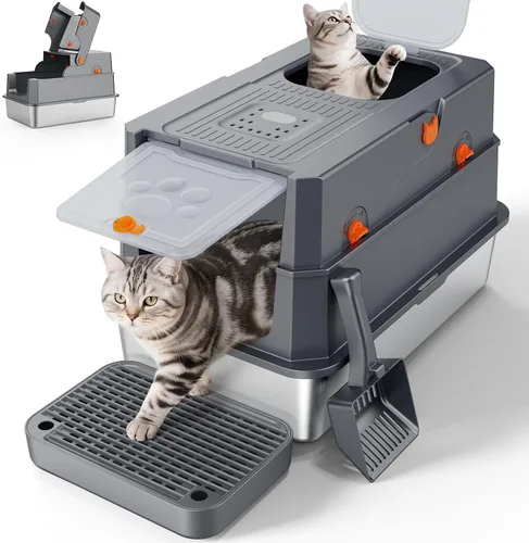 Vista 12 de FURTIME Pequeña caja de arena de acero inoxidable con tapa para gatito, caja de arena cerrada de metal para gatos pequeños, caja de gato con caja