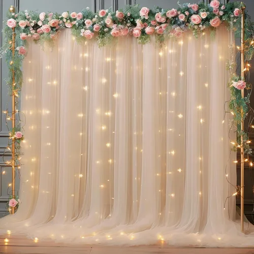 Vista 21 de Cortina de telón de fondo de tul azul bebé de 10 x 8 pies con cadena de luces para fiestas, cortinas de fondo transparentes para bodas, baby shower