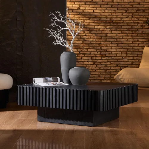 Vista 9 de Mesa de Centro Cuadrada de 35.43'' para Sala de Estar Mesa de Centro Acanalada Mesa Central Moderna con Pedestal para Apartamento Negro
