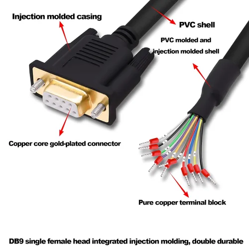 Vista 3 de DB9 Conector hembra RS232 RS485 Cable de extensión de puerto serie de 9 pines D-SUB 9 pines a cable desnudo con terminal Breakout -Negro-1M