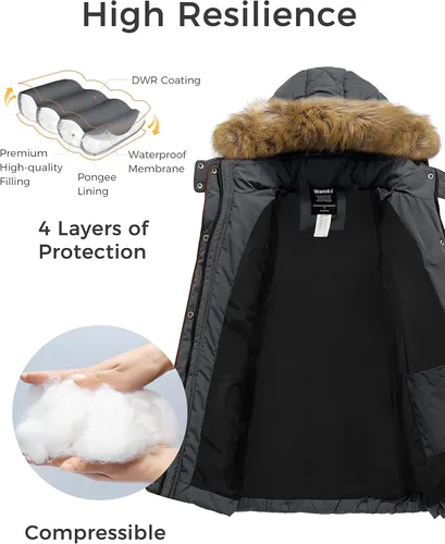 Vista 3 de Wantdo Abrigo de invierno grueso para mujer, chaqueta acolchada con capucha de piel aislada, ropa exterior
