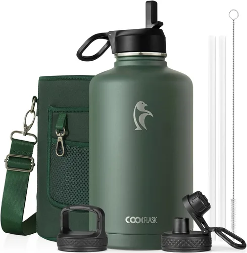 Vista 50 de Coolflask Botella de agua de 24 onzas aislada con pajilla, 3 tapas de metal de acero inoxidable, botella de agua de boca ancha para deportes u