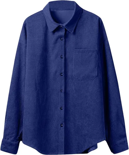 Vista 2 de Blusas de pana para mujer, de gran tamaño, con botones, a la moda, casual, color liso, con bolsillo