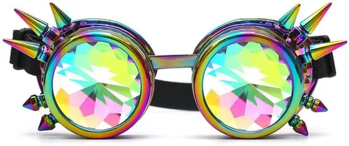 Vista 32 de FUT Gafas Steampunk con pinchos arcoíris ABS, lentes de caleidoscopio rave, soldadura cibernética, gótico, cosplay, vintage