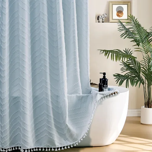 Vista 188 de Cortina de ducha Siiluminisoy de 36x72 beige, cortina de ducha de tela de tamaño pequeño, cortinas de ducha de tela con tufting, diseño chevron a