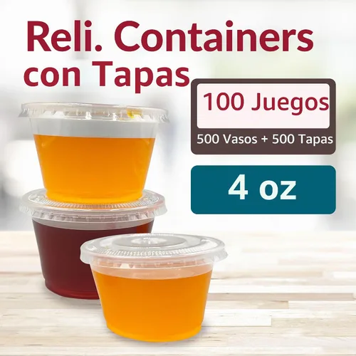 Vista 2 de Reli. Recipientes de condimentos de 4 onzas con tapas (100 juegos), ideales para salsa, soufflé, muestras, vasos de gelatina, plástico desechable