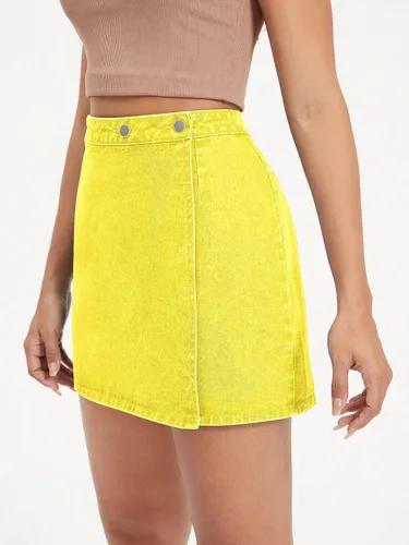 Vista 5 de WDIRARA Minifalda de mezclilla de cintura alta para mujer, acampanada, con botones
