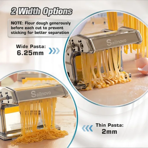 Vista 4 de Sailnovo Máquina para hacer pasta, máquina para hacer pasta de rodillo 180, 9 ajustes de grosor ajustables, máquina de fideos 2 en 1 con rodillos