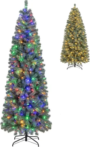 Vista 12 de GOFLAME Árbol de Navidad artificial preiluminado de 4 pies, árbol de Navidad delgado con nieve en forma de lápiz con luces LED multicolor y blanco