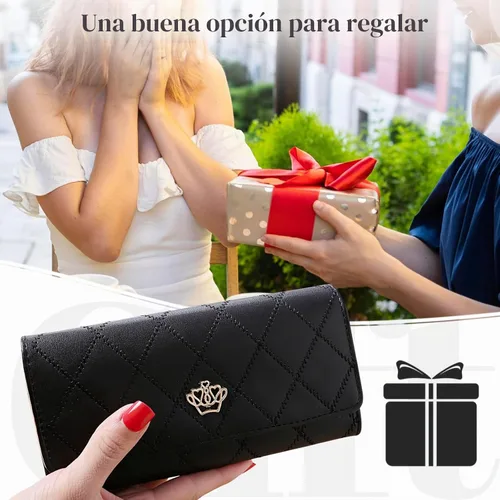 Vista 4 de Cartera larga de cuero con tres pliegues para mujer, con cremallera, hebilla elegante, cartera de mano para mujer, color negro