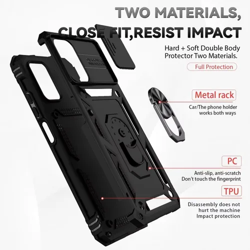 Vista 3 de Funda para Redmi Note 10/Redmi Note 10S/Poco M5S con protector de pantalla de vidrio templado y cubierta de cámara deslizante, anillo magnético Negro