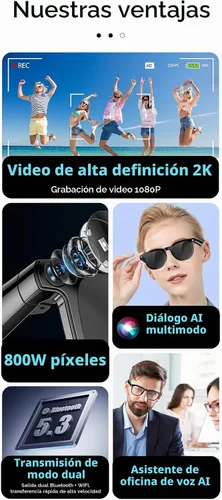 Vista 9 de Lentes inteligentes Bluetooth AI con cámara de 8 MP para hombres y mujeres, traducción en tiempo real, negro, asistente de voz AI integrado, control