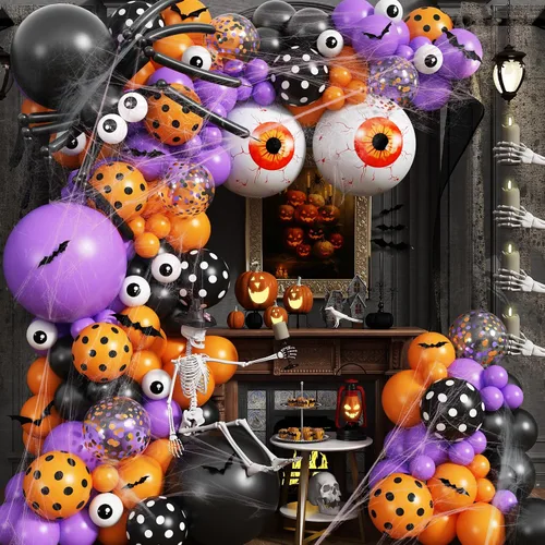 Vista 13 de Kit de arco de globos de Halloween, globos de esqueleto blanco y negro para decoración de Halloween, guirnalda de globos con estrella de explosión