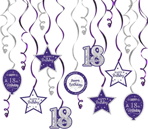 Vista 46 de Decoración de fiesta de serpentinas con purpurina azul y plateada de feliz 11º cumpleaños, 15 piezas de remolinos colgantes de 11 cumpleaños, cartel