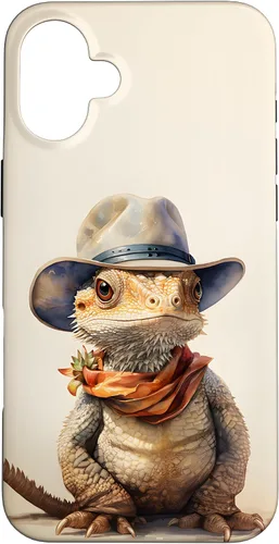 Vista 22 de iPhone 16 Lindo dragón barbudo Beardie con un estuche de sombrero de vaquero