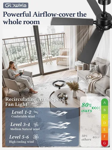 Vista 2 de 52 Inch Ceiling Fan with Lights,APP&Remote Control,DC Motor Black
