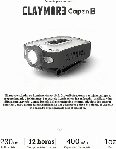 Vista 2 de Claymore Capon 40B Negro - Luz de Gorra con Clip - Lámpara frontal LED recargable USB-C de 230 LM, 3 modos de luz, haz ajustable de 180°, IP54 90B