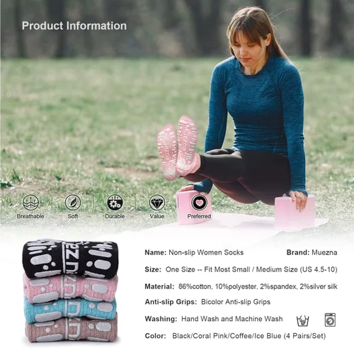 Vista 35 de Muezna Calcetines de yoga antideslizantes para mujer, antideslizantes, para pilates, barras, calcetines de hospital con agarres, talla 5-10