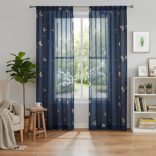 Vista 26 de Jubilantex Paneles de cortinas transparentes de mariposas negras y doradas de 52 pulgadas de ancho para dormitorio de niñas, elegantes cortinas